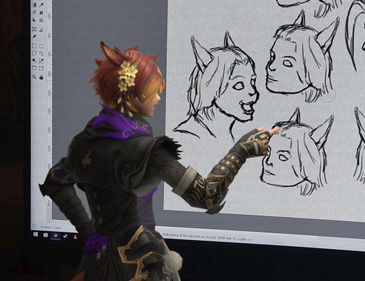 Final Fantasy 14 Miqo'te (catgirl) character, red hair, light skin, in ninja gear and with flowers in her hair in front of a photo of digital portrait drawings I made. She looks like she'd be criticizing them.