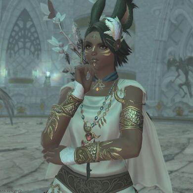 Final Fantasy 14 screenshot: A rabbit woman, green hair, dark skin, in an elegant robe is looking up and pondering over something, one arm is in front of her, one reaches to the chin.