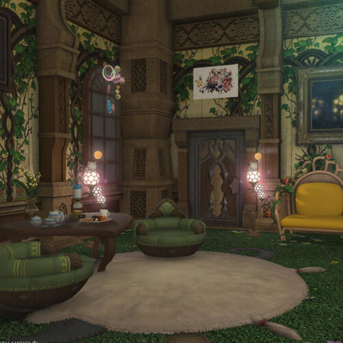 Final Fantasy 14 screenshot: Small house ground floor decorated in a rather "natural" style. Wallpaper is a pattern with vines, carpet imitates grass with flowers, green round armchairs on a sheep shaped wool rug, landscape paintings on the wall etc.
