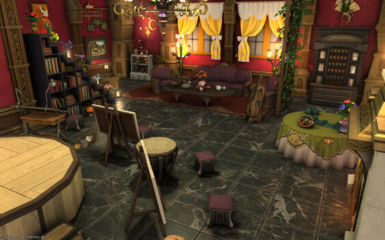 Final Fantasy 14 screenshot: Small house basement, rather festive and noble flair. A few easels, painting materials, instruments and a big bookshelf with many colourful flower pots and the corner of a stage on the left. Cosy seating area with a big couch,