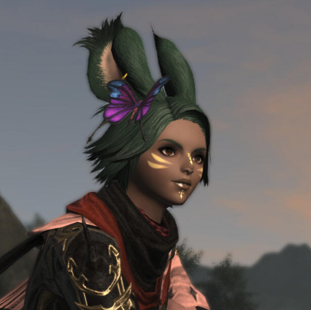 Portrait screenshot of Carolita Accipiter: Viera woman (rabbit person), green hair, dark skin, yellow face markings, with a butterfly headdress, black scarf and elegant jacket