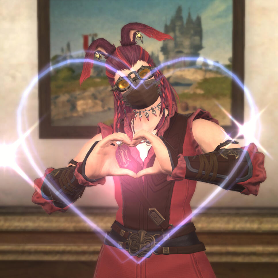 Portrait screenshot of Onion-cutting Ninja: Viera man (rabbit person), bright red and purple hair, lop ears, light skin, vest with ruching on the edges, face almost entirely hidden by goggles with glowing eyes beneath and a cloth face mask.