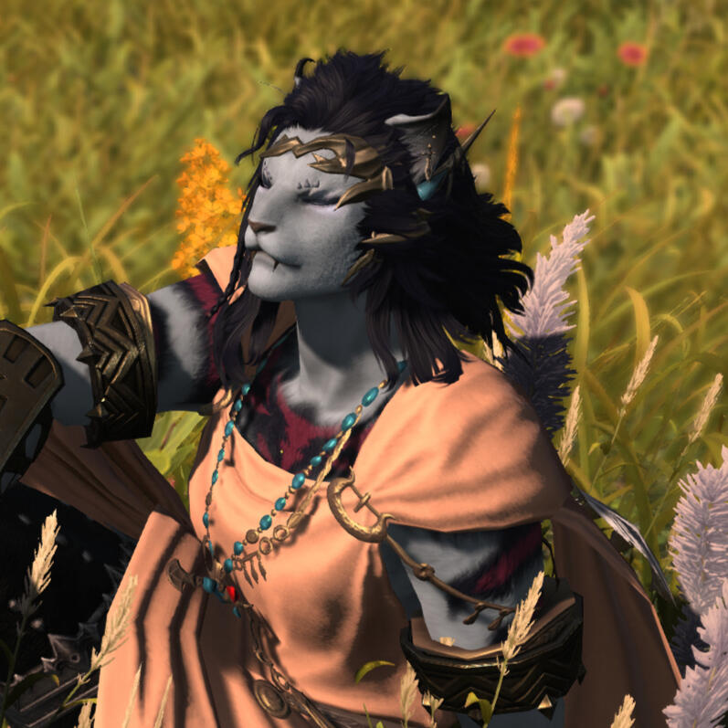 Portrait Screenshot of Zorina Nidasch: Hrothgar woman (big cat person), fluffy dark black hair, light blue skin, wearing an elegant chiton. She is sitting on a meadow, enjoying sunshine with her eyes closed.